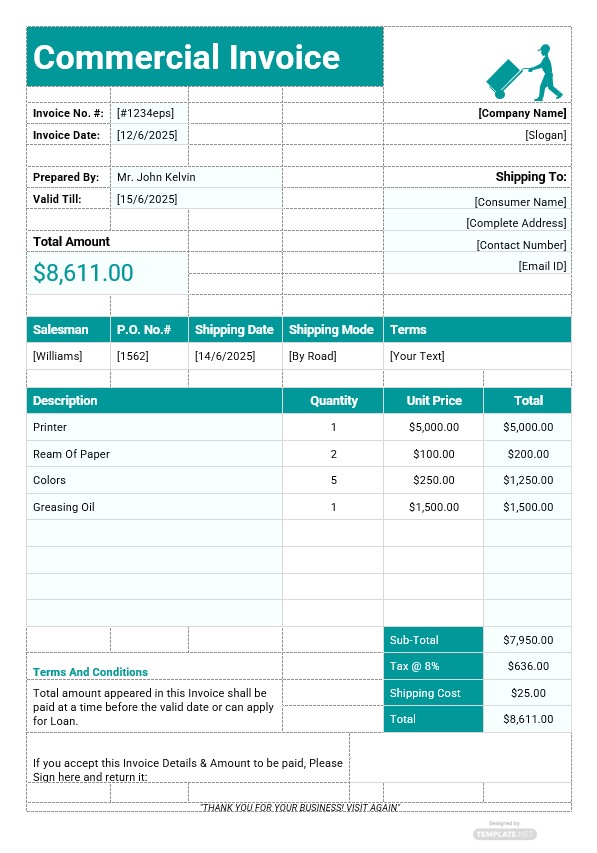 Printable Commercial Invoice Template PSD template